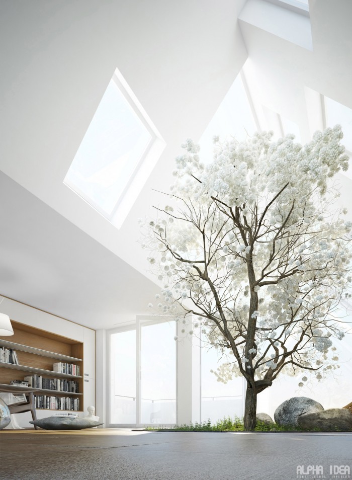 Living room with trees in it.
